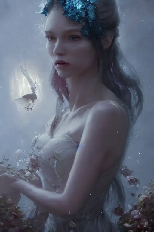 Prompt: A fancy portrait of a female fairy by Greg Rutkowski, Sung Choi, Mitchell Mohrhauser, Maciej Kuciara, Johnson Ting, Maxim Verehin, Peter Konig, Bloodborne, 8k photorealistic, cinematic lighting, HD, high details, dramatic, dark atmosphere, trending on artstation