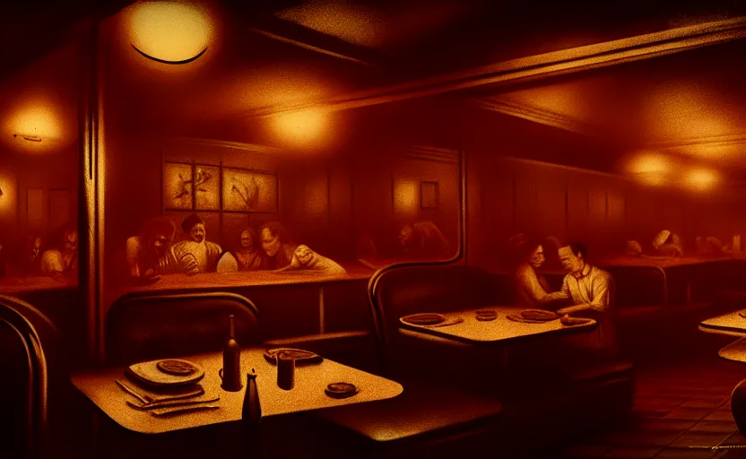 Image similar to diner, horror scene, dim lighting, eerie atmosphere, 1950-s, intricate, detailed, photorealistic imagery, artstation