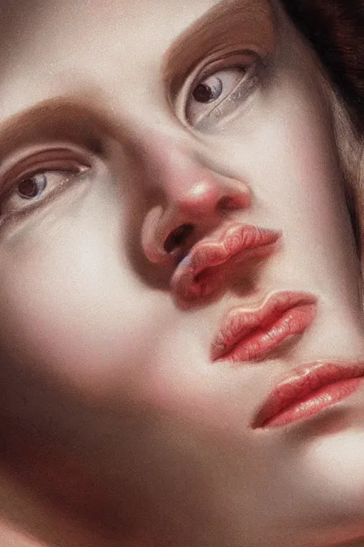 Prompt: hyperrealism close-up portrait of female, melting cyborg, church interior, pale skin, in style of classicism