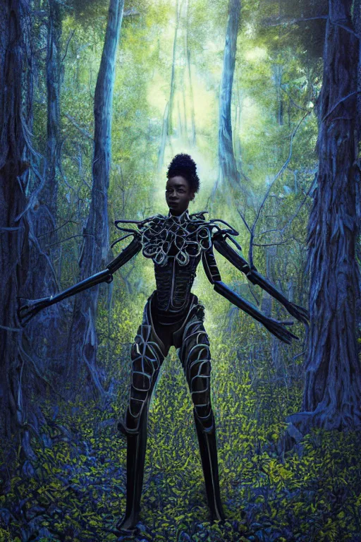 Prompt: neo-surreal very beautiful black woman, highly detailed exoskeleton armor in a forest, sun behind her, concept art brad kunkle elson peter, dramatic blue light low angle hd 8k sharp focus