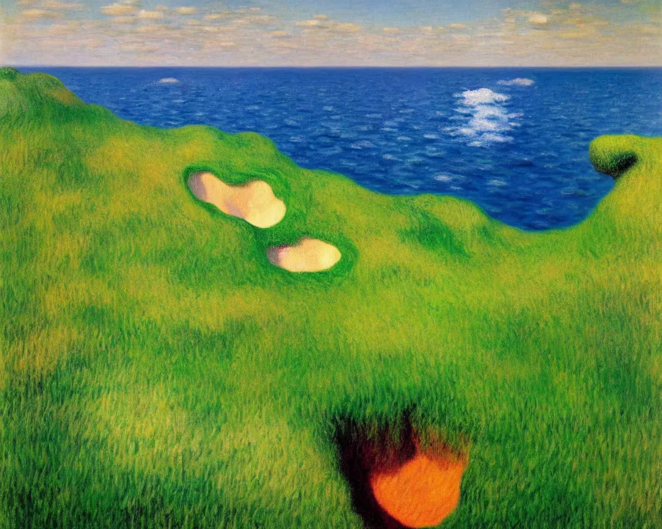 Prompt: achingly beautiful painting of pacific dunes hole 1 3 by rene magritte, monet, and turner.