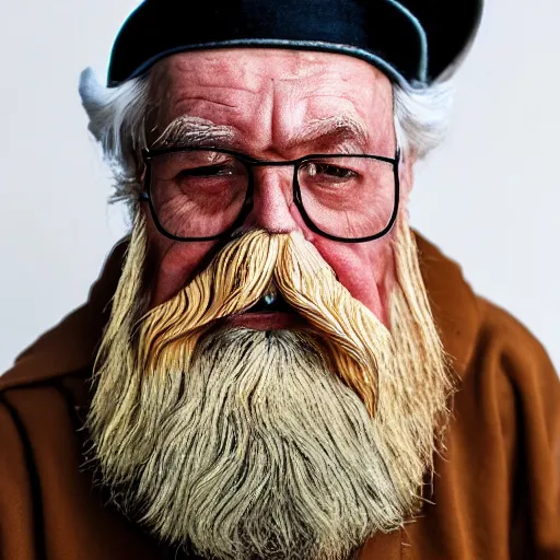 Image similar to a portrait of a wood-carved, painted, pastel colored, wooden, old-age, grumpy ship captain, white beard and mustache, pastel black uniform, tobacco pipe on his mouth, looking straight at the camera, children's toy, studio lighting, sharp