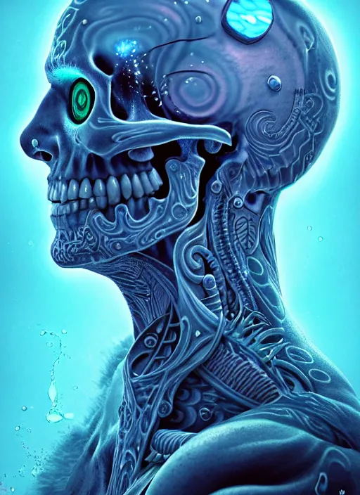 Image similar to 3 d shaman with tattoos profile portrait, sigma 5 0 0 mm f / 5. beautiful intricate highly detailed skull. bioluminescent, plasma, frost, water, wind, creature, gradient background, thunderstorm! artwork by tooth wu and wlop and beeple and greg rutkowski, 8 k trending on artstation,