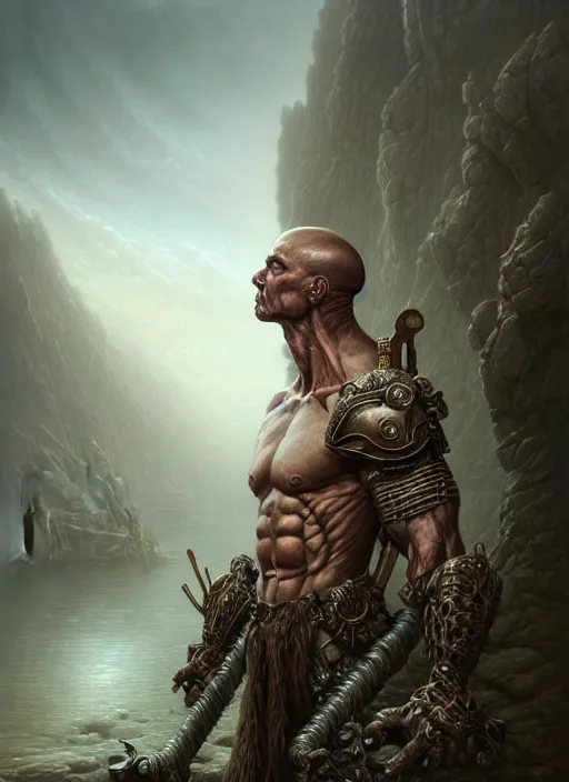 Image similar to portrait shot of muscular warrior in a scenic dystopian environment, intricate, elegant, highly detailed, centered, digital painting, artstation, concept art, smooth, sharp focus, illustration, artgerm, tomasz alen kopera, peter mohrbacher, donato giancola, joseph christian leyendecker, wlop, boris vallejo