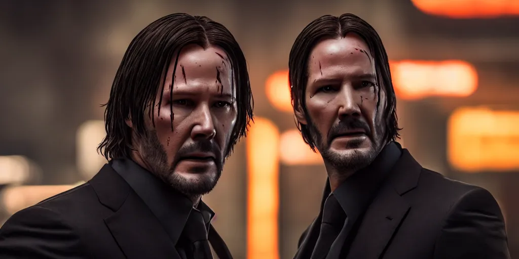 Prompt: a still of John Wick in Blade Runner 2049, 4k, detailed face, realistic face, cinematic lighting