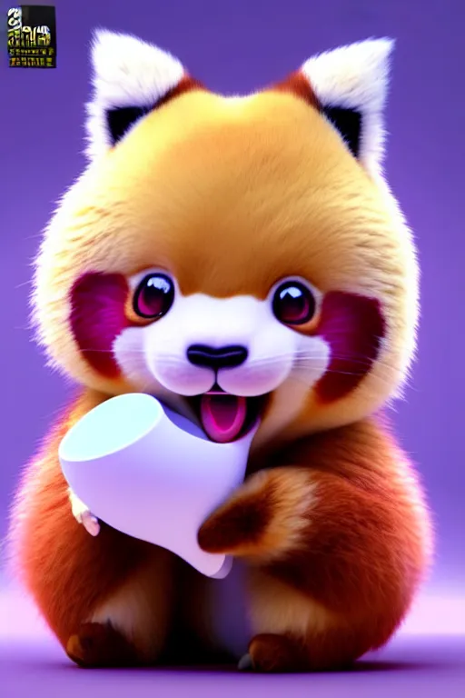 Prompt: high quality 3 d render hyperrealist very cute pastel fluffy red panda & koala hybrid stuffing mouth with ice cream, vray smooth, in the style of detective pikachu, very dramatic light, low angle, uhd 8 k, shallow depth or field