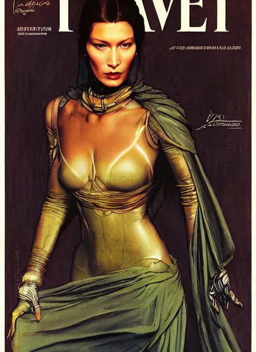 Prompt: upper body portrait of bella hadid as gaius helen mohiam bene gesserit mother in dune 1982, by norman rockwell and jason fabok and tom lovell and frank schoonover and dean cornwell and everett raymond kinstler