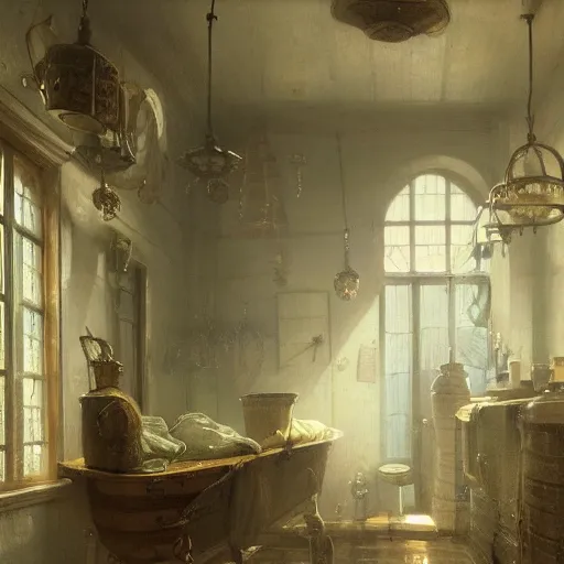 Prompt: detailed painting of a laundry room in a capsule, filigree ornaments, fog, andreas achenbach,