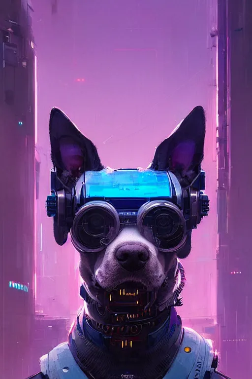 Image similar to a beautiful portrait of a cute cyberpunk dog by greg rutkowski and wlop, purple blue color scheme, digital art, highly detailed, fine detail, intricate, ornate, complex