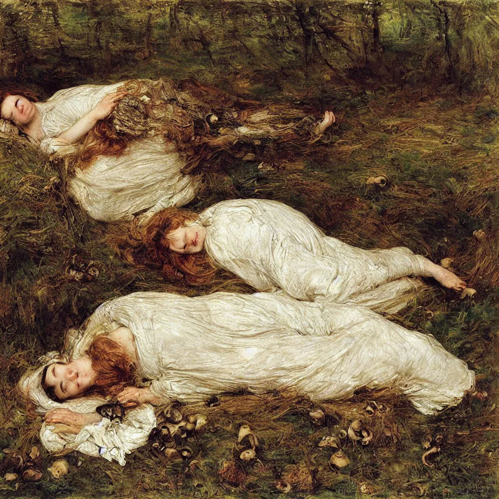 Image similar to pretty sleeping woman with mushrooms as camouflage, by john everett millais