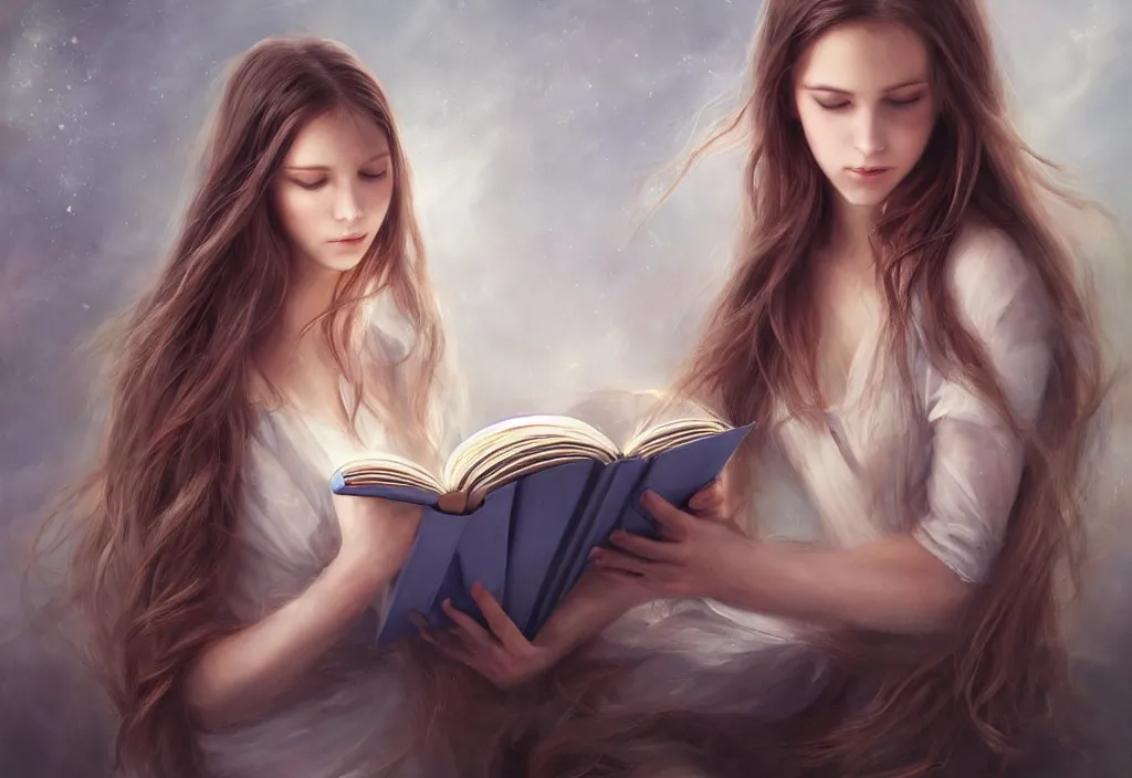 Image similar to a girl reading a book, hair flowing down, 8 k, hyperrealistic, hyperdetailed, fantasy portrait by laura sava, singular woman