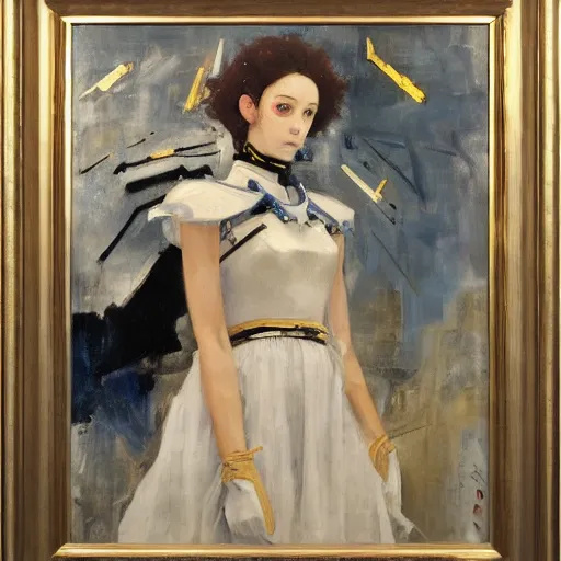 Prompt: evangelion mecha, huge, john mcneill whistler, portrait, woman in white, oil on canvas, highly detailed, gold leaf,