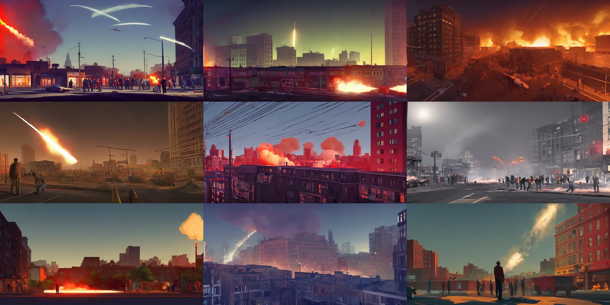 Prompt: crowd of working citizens carrying daily routines on the backdrop of multiple smoke trails of missile warheads hits explosions destroying residential buildings, DSLR 35mm, by Edward Hopper and Dan Mumford and WLOP, Unreal Engine 5, Lumen, Nanite