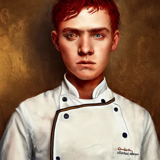 Prompt: masterpiece closeup portrait of a young man with red hair in a chef\'s apron by Greg Rutkowski, 4k, masterpiece, cinematic, dungeons and dragons, detailed