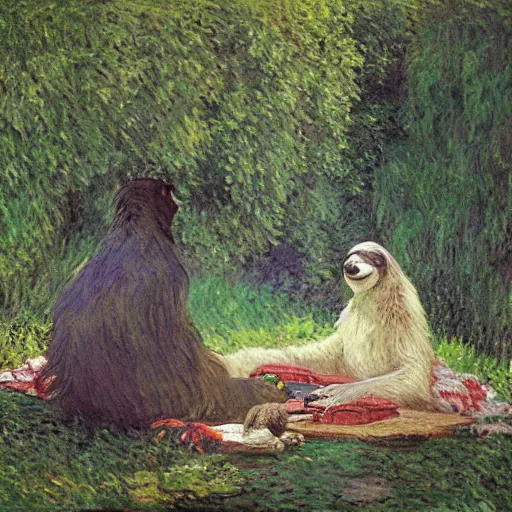 Image similar to “ a masterpiece painting of jon snow and a sloth having a picnic in central park by monet, ultra detailed, hd ”