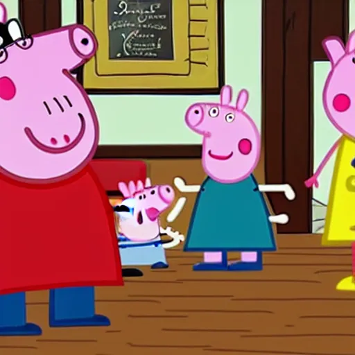 Prompt: An episode of Peppa Pig where Peppa Pig meets Brad Pitt and George Clooney in a chic café. Brad Pitt is drawn in the style of Peppa Pig.