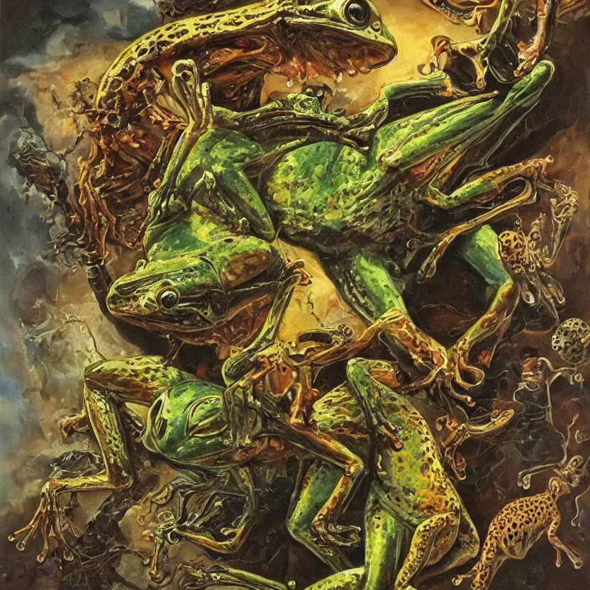 Prompt: alien frog, cheetah, and bird. strange anatomy. pulp sci - fi art. baroque period, oil on canvas