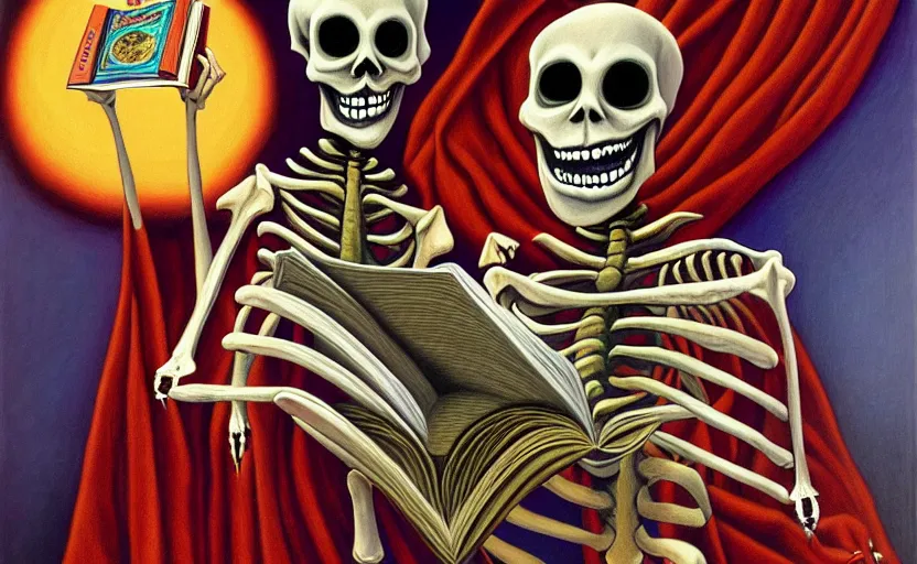Prompt: scared skeleton that is dressed in sleepwear, and he is holding a large book, classic oil painting by alex grey, old, styled as a goosebumps illustration, cold tones, nightcap, sleepwear, slippers, dim lighting, extreme clutter, messy, award - winning art, extremely detailed, sharp focus