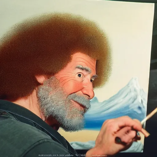 Image similar to a closeup photorealistic photograph of bob ross working on a canvas painting of mickey mouse. film still. brightly lit scene. mountains and trees. this 4 k hd image is trending on artstation, featured on behance, well - rendered, extra crisp, features intricate detail, epic composition and the style of unreal engine.