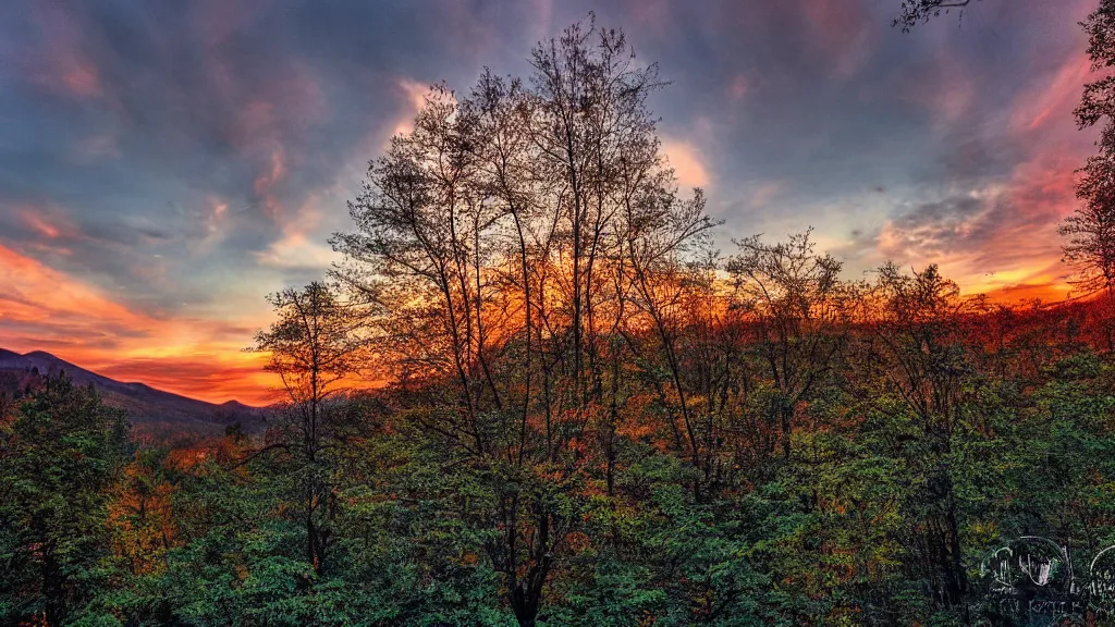 Prompt: dramatic!, sunset!, hdr! wow! so much dynamic range! wide angles! mountains and maple tree forest. 1 2 0 mm kodak portra iso 5 0.