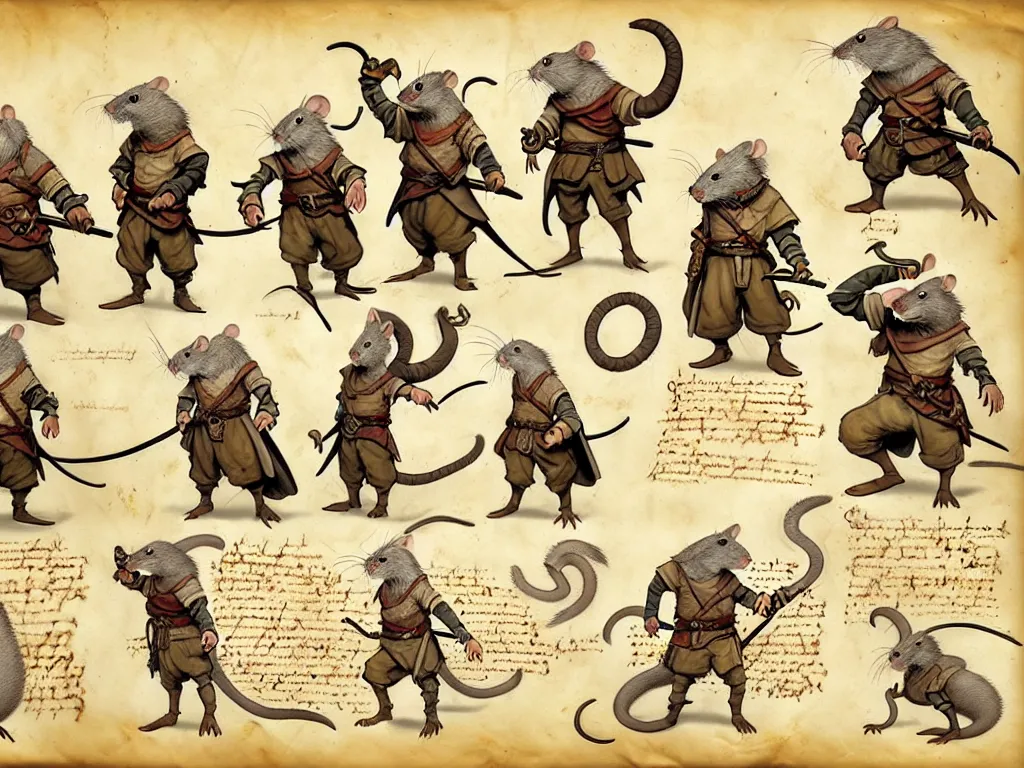 Image similar to character design sheet for a group of heroic rat pirates on a parchment background, redwall, greg rutowski and jean baptiste monge, very very detailed, epic fantasy concept art