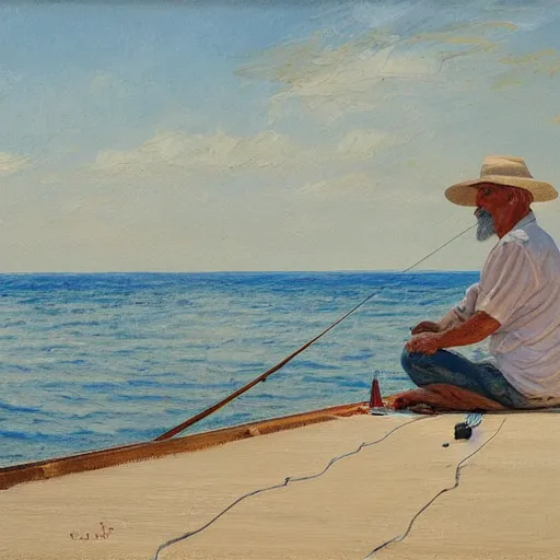 Image similar to old, skinny man with short gray beard, in straw hat, white shirt, swimming through ocean in medium fishing boat with small mast, from a distance, morning, scene from 1 9 5 2, oil painting, realism