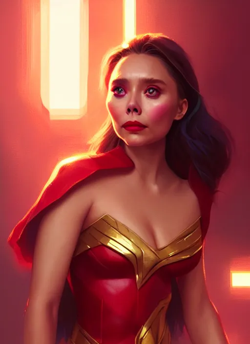 Image similar to portrait of modern darna, elizabeth olsen, intricate, elegant, glowing lights, highly detailed, digital painting, artstation, glamor pose, concept art, smooth, sharp focus, illustration, art by wlop, mars ravelo and greg rutkowski