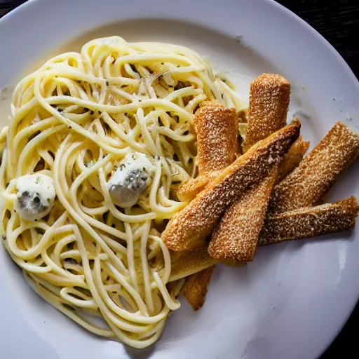 Prompt: 5 star meal of cream alfredo spaghetti with garlic bread sticks on the side, food photography, restaurant food, high quality food, italian, 8k