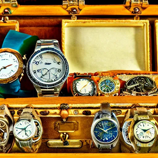 Prompt: an impressionist painting of a treasure chest full of wristwatches