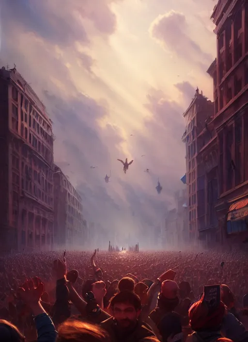 Image similar to painting of a crowd with raised arms pointing towardб demonstration, cinematic view, epic sky, detailed, concept art, low angle, high detail, warm lighting, volumetric, godrays, vivid, beautiful, trending on artstation, by jordan grimmer, huge scene, art greg rutkowski