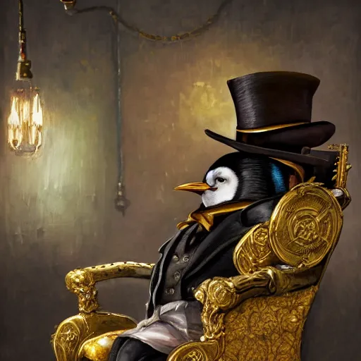 Image similar to oil painting of grumpy rich steampunk penguin sitting on fancy chair, wearing top hat, holding gold, sharp focus, fantasy style, steampunk factory background, steampunk atmosphere, factory background, factory atmosphere, , octane render, volumetric lighting, 8k high definition, by greg rutkowski, highly detailed, trending on art Station, centered