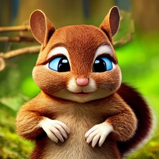 Image similar to very very very very cute Alvin the Chipmunk, portrait, pixar style, forest background, cinematic lighting, award winning creature portrait photography