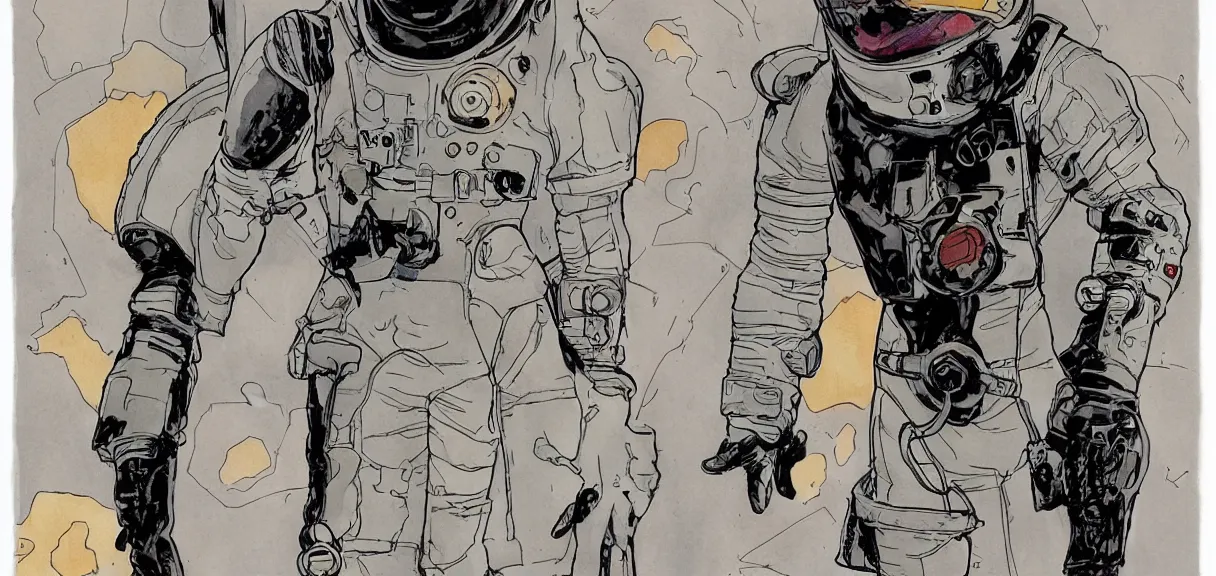 Image similar to male, full body, space suit with a modern helmet, character sheet, block shapes, science fiction, very stylized, character design, pen and ink, digital painting, watercolor wash, by mike mignola, by alex maleev, jean giraud