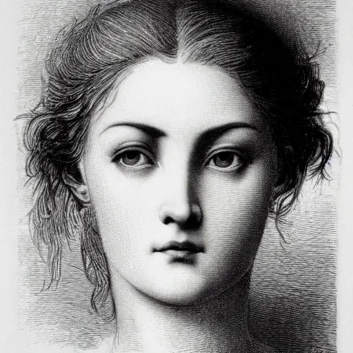 Prompt: extreme close-up, black and white, eyes of a young french woman, marie laforet as model, Gustave Dore lithography