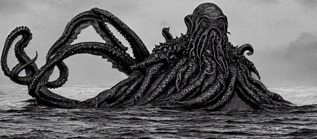 Image similar to A Still of one giant Cthulhu emerged from the ocean, water dripping off him, Cthulhu is gigantic, a tiny boat in the water beneath Cthulhu, you can see this from the beach looking out into a dark a storming ocean, Move shot film, gloomy