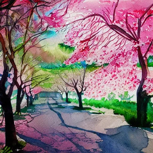 Prompt: beautiful cherry trees, trending on artstation, masterpiece, watercolor