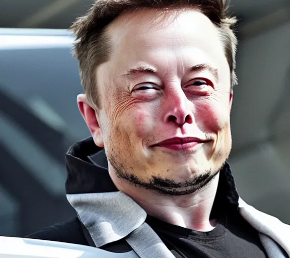 Image similar to elon musk dressed like a skunk, closeup detailed, tesla car, studio photo