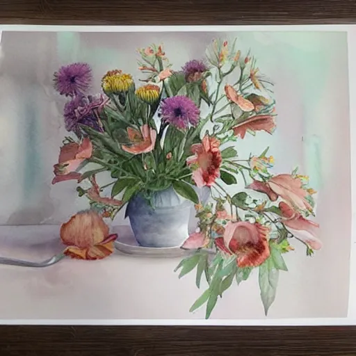 Prompt: watercolor kitchen with flowers by by marco mazzoni, by stephanie law,