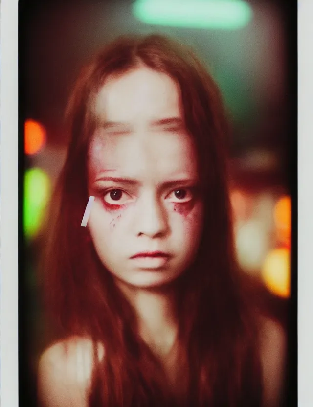 Image similar to portrait of girl with smokey eyes makeup in a subway train, neon light, wide high angle coloured polaroid photograph with flash, kodak film, hyper real, stunning moody cinematography, with anamorphic lenses, by maripol, fallen angels by wong kar - wai, style of suspiria and neon demon and children from bahnhof zoo, detailed