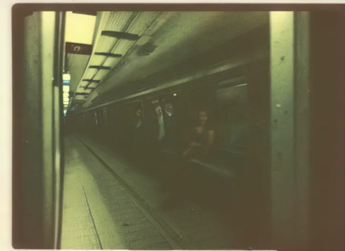 Prompt: ominous polaroid photo of scary entity inside toronto subway train