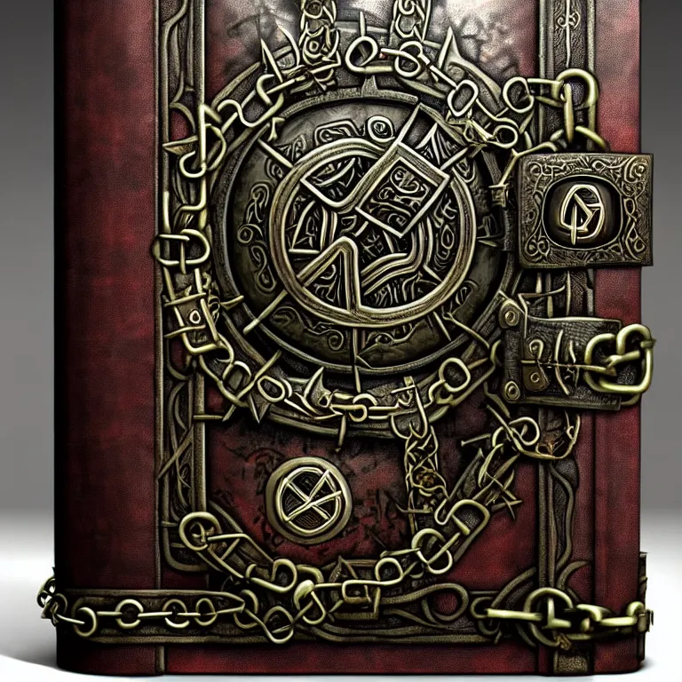 Prompt: epic professional digital art of an ancient leather-bound spellbook with heavy metal chains and thick metal clasps inscribed with runes; best on artstation