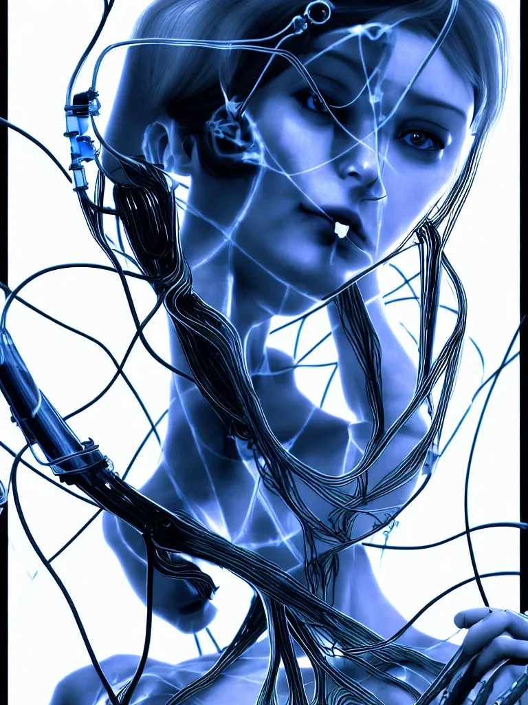 Prompt: x - rays and bioscans, new ai race, inspired by æon flux, hideo kojima, mobius, and botticelli, pre - raphaelite, shoujo manga, ferrofluid, quantum deep magic, uncanny, mesmerizing, wires, veins, ultrafine inklines, 4 k photorealistic, full shot,