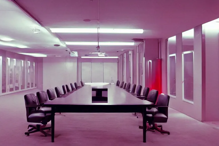 Image similar to a dark conference room, half full, atmospheric and obscure, red neon light, by roger deakins, cinematography, syd mead