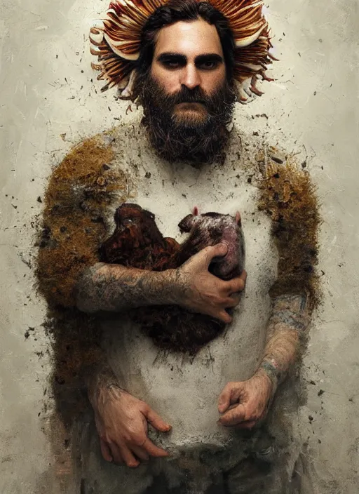 Image similar to a hyper detailed painting of joaquin phoenix surrounded by animals, cow horns, pig nose, sheep wool, chicken feather armor, horror, by anna podedworna, by miklos ligeti, by diego maricato, by taran fiddler, by antonino truisi, by chris reddie, by jinsung lim, trending on artstation