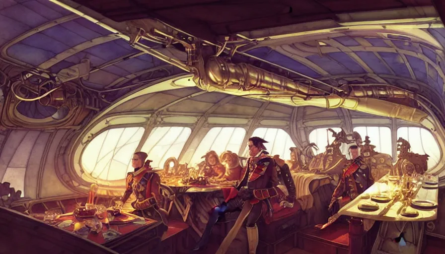 Prompt: airship interior with seats and a dinner table, french baroque, napoleonic, dieselpunk science fiction, steampunk, sharp, concept art watercolor illustration by mandy jurgens and alphonse mucha, dynamic lighting