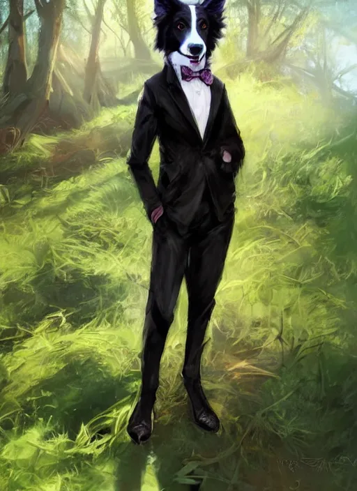 Image similar to portrait of a cute anthro male anthropomorphic border collie fursona wearing a suit in a sunny glade. by henry asencio, jon foster, and ross tran. scenic background, highly detailed, concept art, furry, glamor pose, elegant, aesthetic, beautiful, trending on artstation, top rated on furaffinity and deviantart