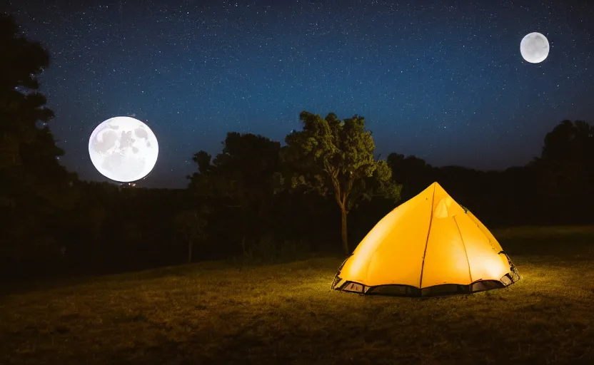 Image similar to night timelapse photography of a tent with a tree with the moon in the sky