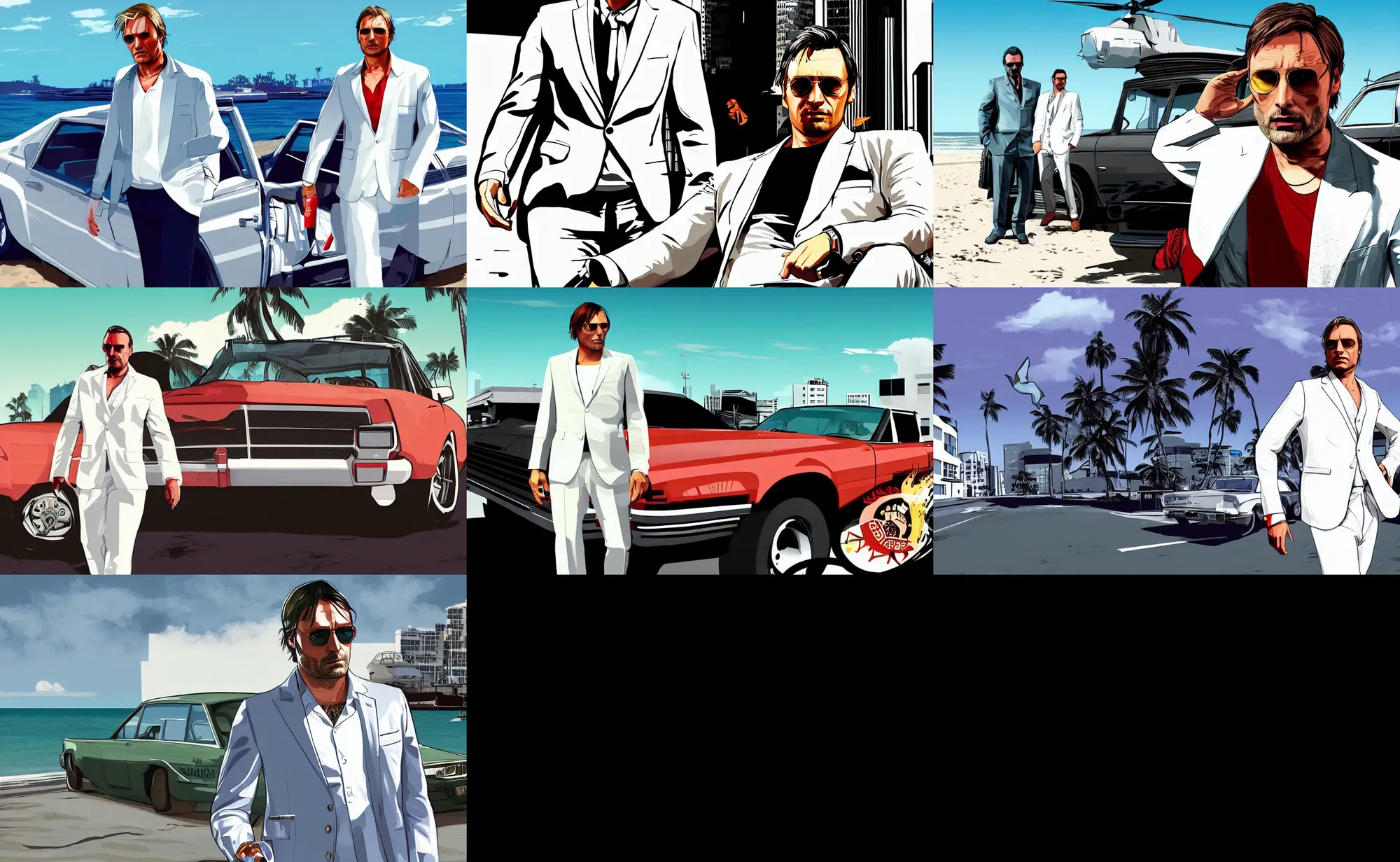 Prompt: mads mikkelsenin in a grand theft auto loading screen, gta art style, illustration, beach, white suit, Miami, vice city