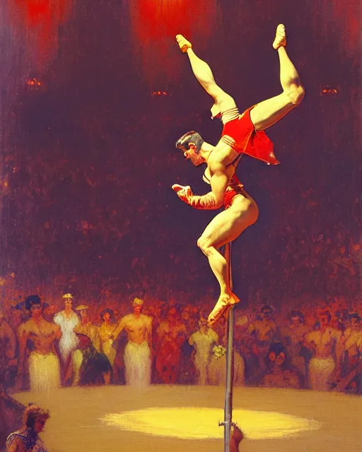 Image similar to attractive male acrobat performing trips from the highwire in the center ring of a three ring circus, the crowd looks on in excitement, spotlight on the acrobat, bright colors, painting by gaston bussiere, craig mullins, j. c. leyendecker