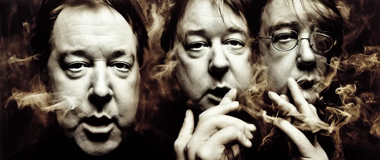 Image similar to award winning photo of BILL HICKS finds a treasure in an apartment smoking, vivid colors, happy, symmetrical face, beautiful eyes, studio lighting, wide shot art by Sally Mann & Arnold Newman